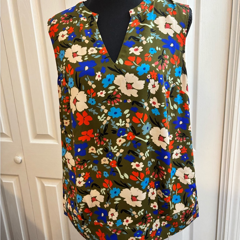 CAbi Floral Sleeveless Blouse - Olive, Red, Blue